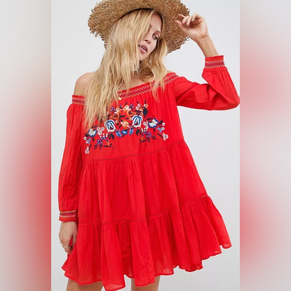 NWT Free People Sunbeams Embroidered Red Off the Shoulder Dress Small